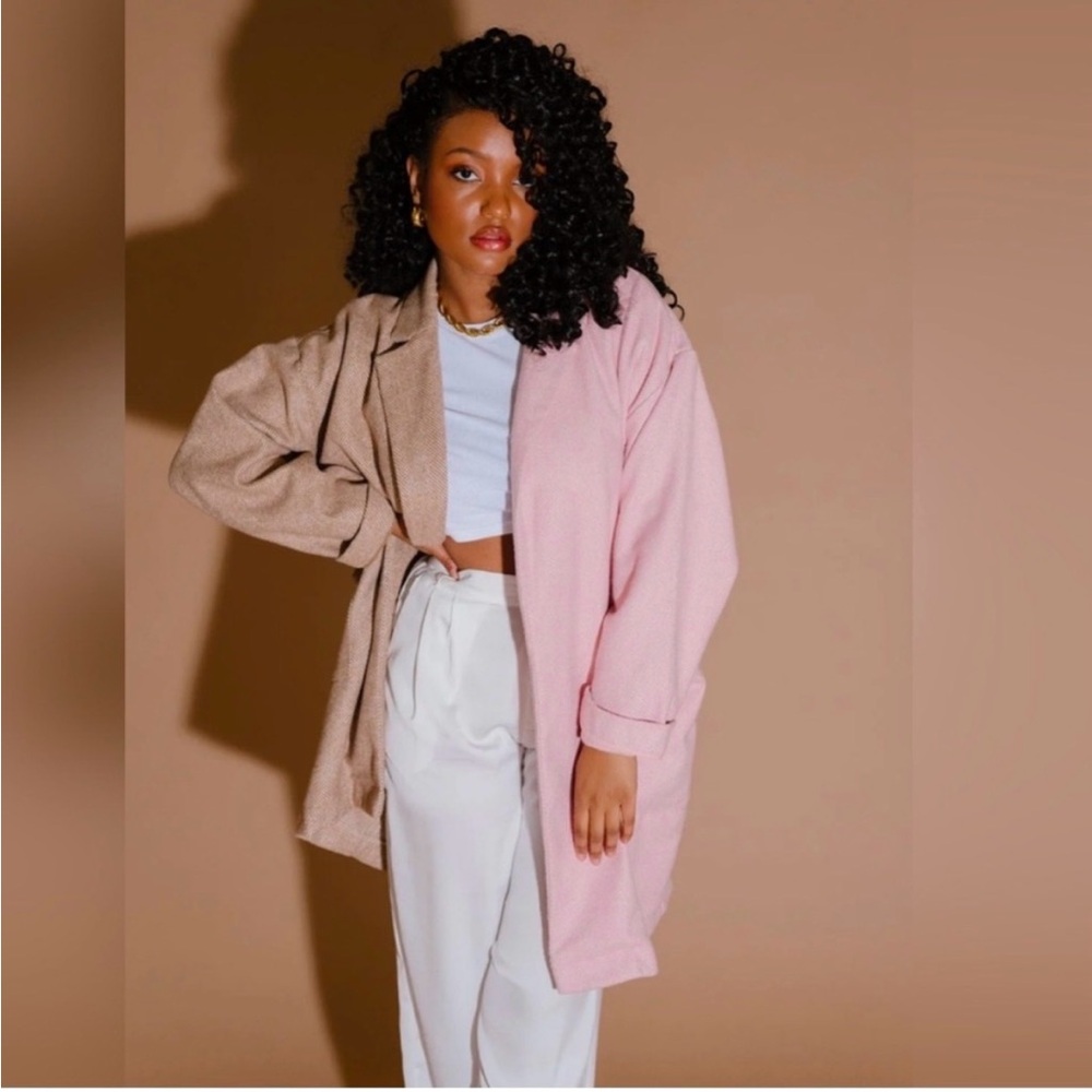 Dressed in Lala Pink and Tan Herringbone Jacket